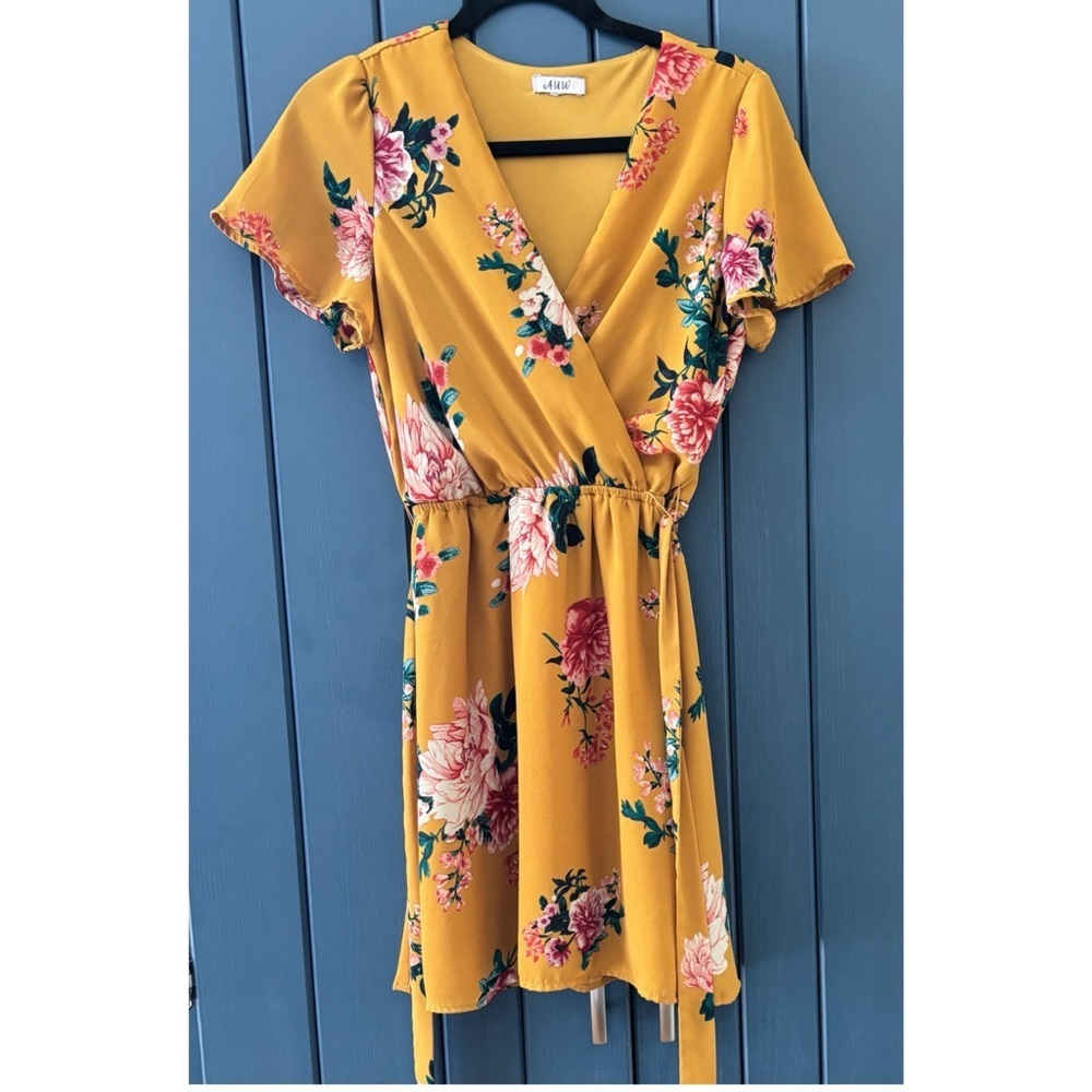 Mustard Yellow Floral Dress Fits Small Medium Retro Spring Summer Easter